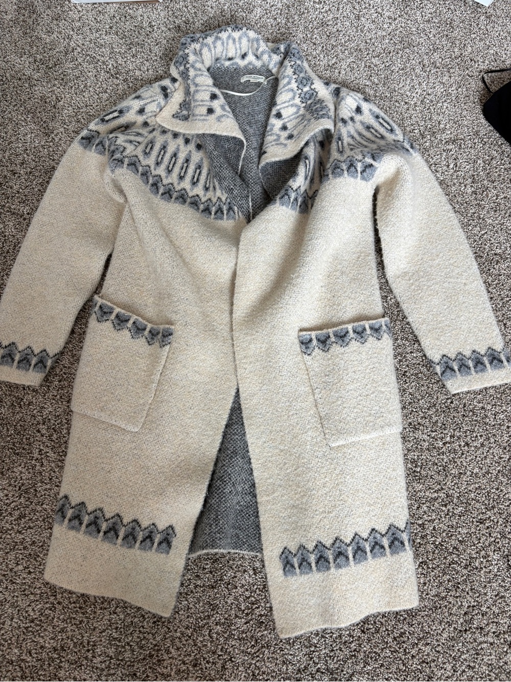 Max Studio Cream and Gray Patterned Open Cardigan Sweater XS